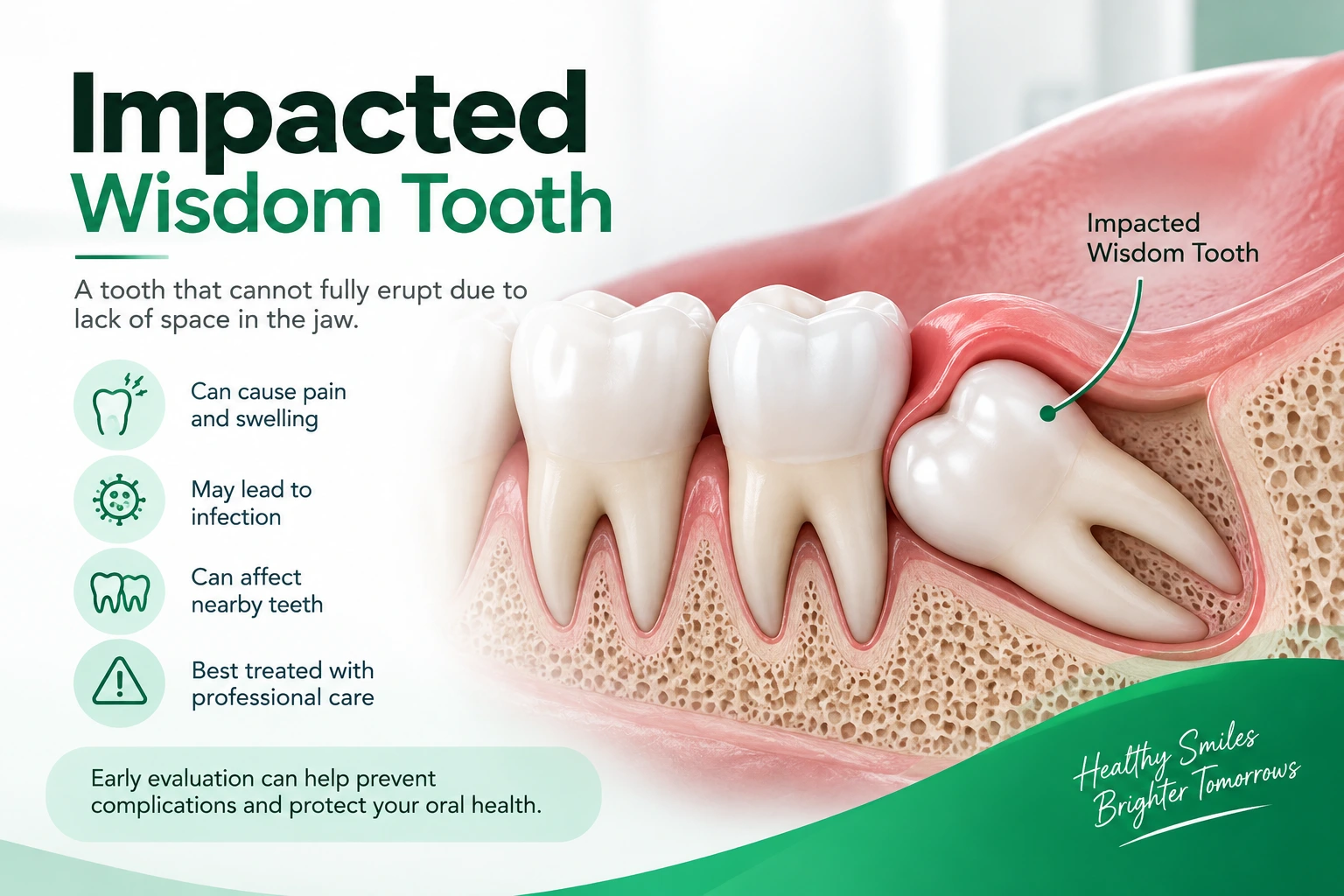 Illustration showing an impacted wisdom tooth requiring dental treatment