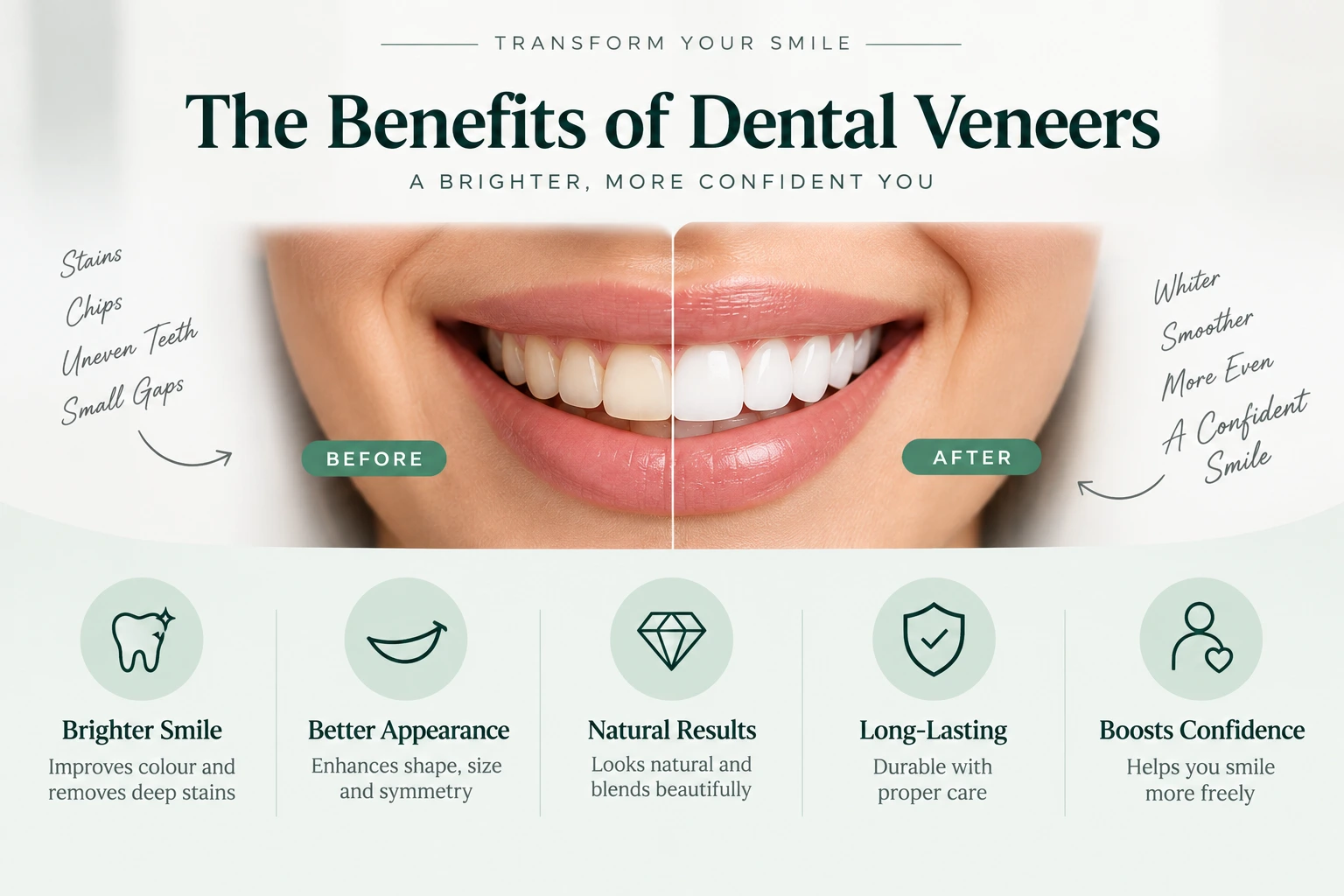 Benefits of dental veneers showing a before and after smile comparison