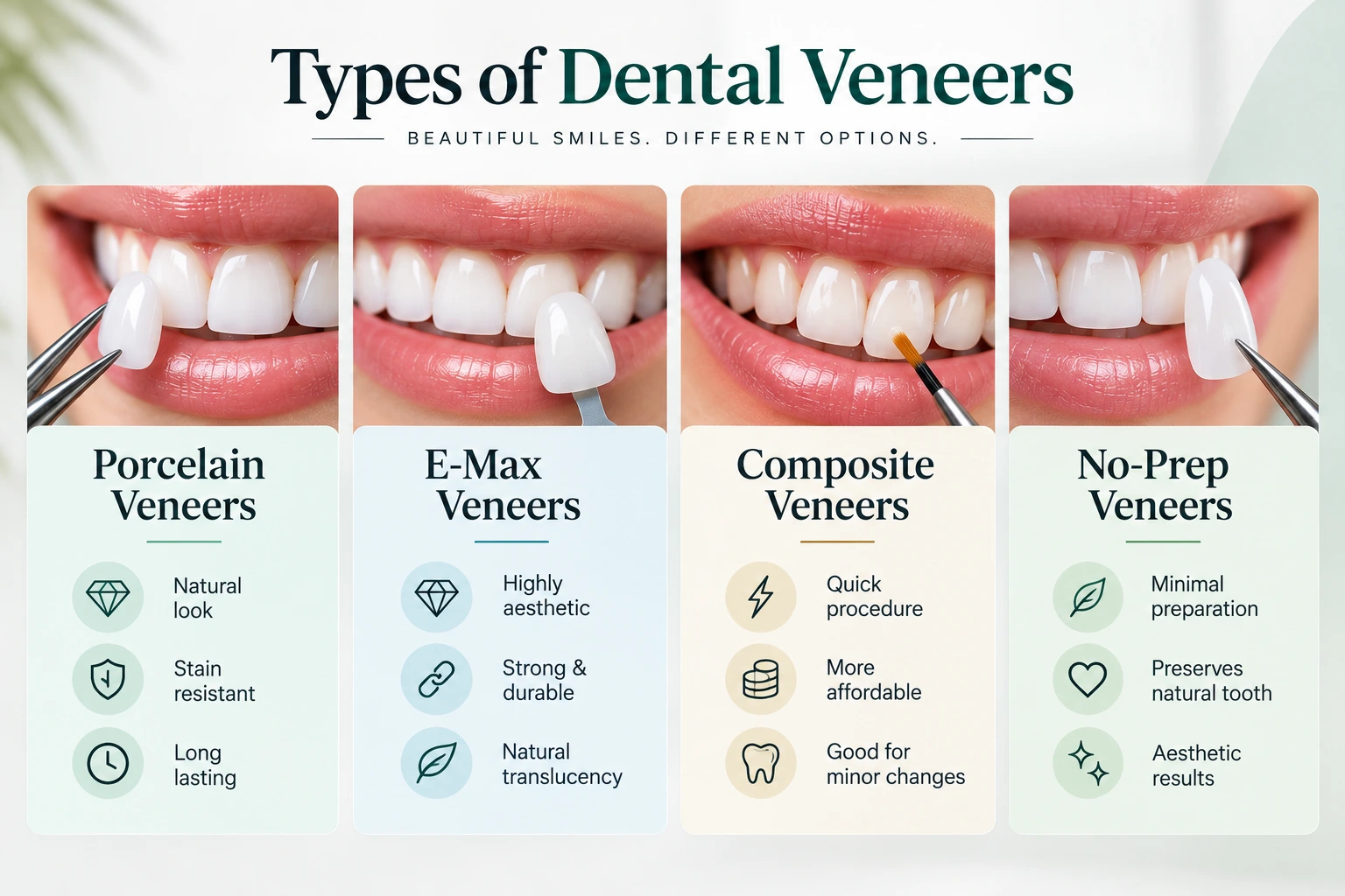 Types of dental veneers including porcelain, E-Max, composite and no-prep veneers
