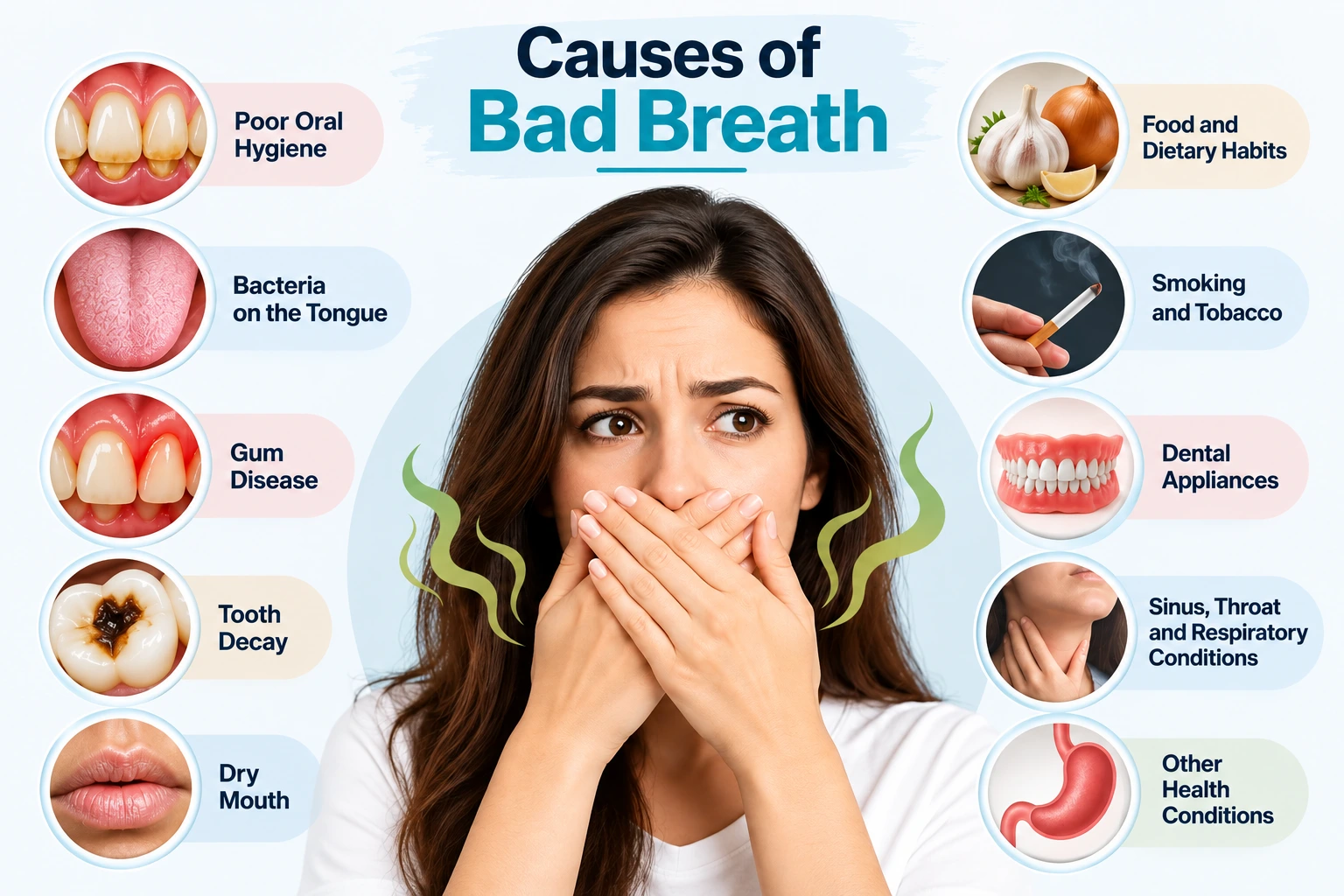 Common causes of bad breath including poor oral hygiene, gum disease, tooth decay, dry mouth and smoking
