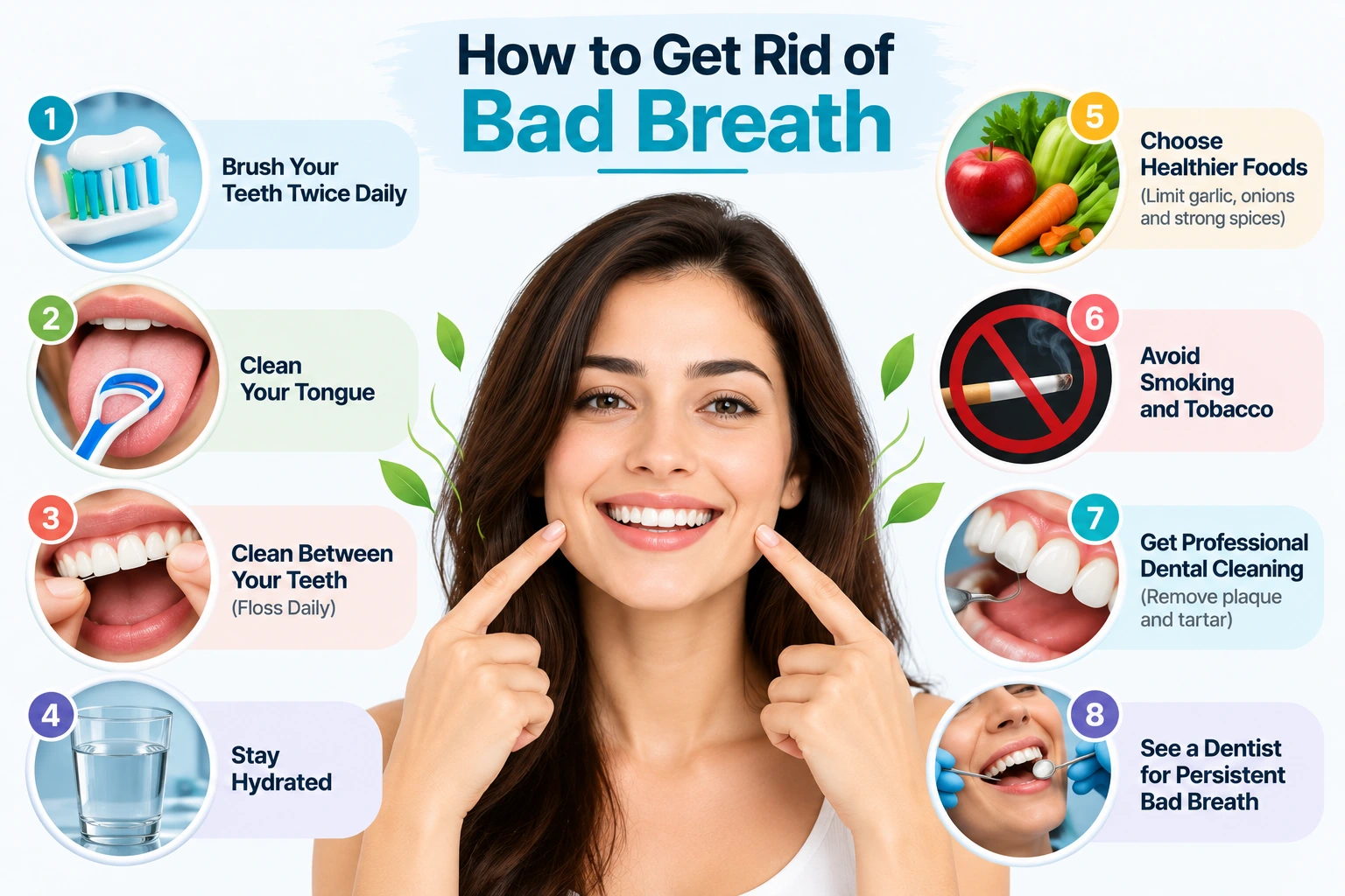 Steps to get rid of bad breath including brushing, tongue cleaning, flossing, hydration and professional dental cleaning