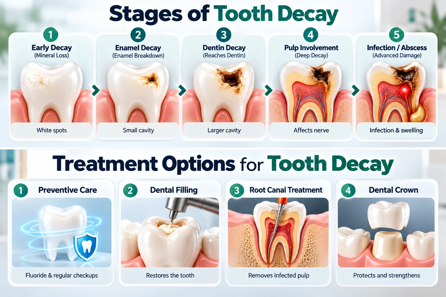 Tooth decay stages from early mineral loss to abscess and treatment options including fluoride, filling, root canal and crown